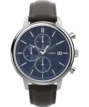 Timex Chicago Chrono 45mm Silver Tone Blue Dial Brown Leather Strap TW2W76200