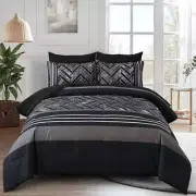 Comforter Set Size, 7 Pieces Stripe Geometric Bed in a Bag, Queen Black