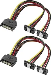 MEIRIYFA SATA 15Pin Power Y Splitter Cable, SATA 15 Pin Male to Dual Female Right Angle Connectors Adapter Power Cable 18AWG for Hard Drive Disks HDD, SSD (2Pack, 20CM)