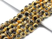 Quality Dzi Black Yellow Aage with Flower Patten Beads, Round Faceted Tibetan Ag