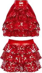 [Choomomo] Girls Latin Jazz Dance Outfits Shiny Sequins Halter Tassel Crop Top with Mini Skirt Set Dancewear
