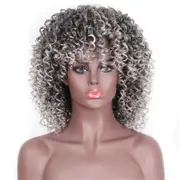 Short Curly Afro Wigs with Bangs Natural Look Heat-Resistant Synthetic Fibre Wig Black Gradient Gray