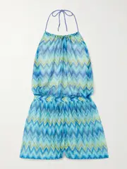 [Missoni] Missoni - Open-back Printed Stretch-tulle Halterneck Playsuit - Turquoise - IT48 IT 48 Blue