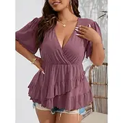 Women's Plus Size Tops T Shirt Plain Ruffle Short Sleeve V Neck Casual Daily Polyester Summer Spring Black Blue