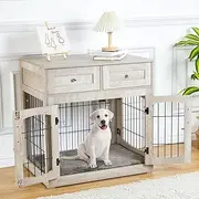 Knowfunn Dog Crate Furniture with 3 Doors, 31.5'' Large Dog House Kennel for Medium/Large Dogs Up to 70 lbs, Wooden End Table with 2 Drawers & Cushion, Grey