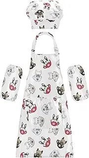 AIXIWAWA Kids Apron Chef Hat Set, Child Kitchen Bib Aprons Adjustable for Cooking Baking Painting (French Bulldog Pug)