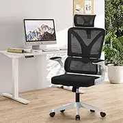 OIKITURE Office Chair with Armrest - Adjustable Seat Height & Headrest, Swivel Computer Desk Chair Breathable Mesh Ergonomic Arched Backrest, Easy Assemble, Capacity 150KG, White & Black
