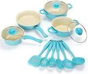 Non-Stick Cookware Set, Portable Lightweight Cast Iron Pots and Pans with Glass Lids and Nylon Utensils - 13 Piece Set, Blue for Outdoor Camping Picnic Travel