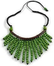 [Avalaya] Statement Lime Green Wooden Bead Fringe Black Cotton Cord Necklace - Adjustable, cords Wood