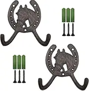 RONYOUNG 2PCS 4.5" Horse Head Horseshoe Western Double Cast Iron Wall Hooks Coat Hook Hat Horse Hook