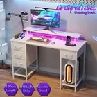 RGB LED Gaming Desk Power Outlets Removable Drawers Computer Workstation White