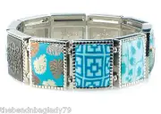 NEW JILZARA Handmade Clay Beads PEACOCK TEAL BLUE Large Square Stretch Bracelet