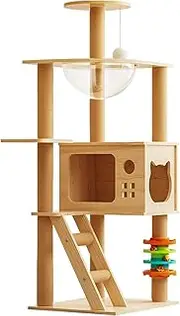 120cm Cat Tree, Multilevel Bored-Relief Cat Climbing Tree with Bell, House and Ladder, 1 Bakset Anti Scratching Wooden Cats Tower for Home
