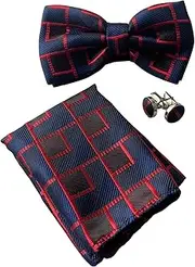[Zasel] Mens Navy & Dark Red Maze Matching Bow Tie, Pocket Square & Cuff Links Set Navy, Dark Red, Black