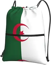 EdWal Flag Of Algeria Print Drawstring Backpack Gym Bags Sports Bags With Zipper Pocket For Travel Beach, Black, One Size
