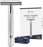Gearhub Double Edge Safety Razor Reusable Stainless Metal Wet Shaving Razor with 10 Swedish Platinum Blades for Men Women Barber Bikini Armpit Hair, Silver GR131