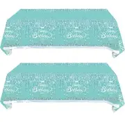 2Pcs Teal & Silver Birthday Tablecloths - Decorations, Party Table Cover,