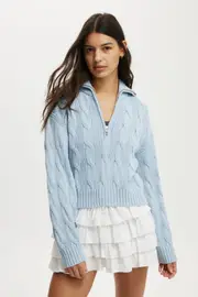 [Cotton On Women] Cotton On Women - Cotton Cable Half Zip Pullover - Serene blue XS SERENE BLUE