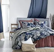 Midnight Blue Botanical Print Duvet Quilt Cover Egyptian Cotton Bedding Set Modern Luxury Minimal Palm Leaf Dark Navy Taupe Floral Watercolor Design (Midnight, Super King)