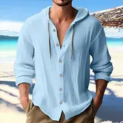 Men's Shirt Linen Shirt Calico Shirt Beach Wear Button Up Shirt Hooded Shirt Plain Casual Daily Black White Blue Green Long Sleeve Hooded Spring Summer Clothi