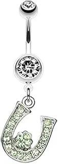 [Pierced Owl] 14GA 316L Stainless Steel Green CZ Crystal Horseshoe with Four Leaf Clover Dangling Belly Button Ring, Metal, cubic zirconia