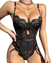 [JINZIJINYU] Women Lace Bodysuit Sexy Suspender Lace See Through Women Bodysuit