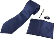 [Zasel] Mens Navy Lines Matching Neck Tie, Pocket Square, Cuff Links And Tie Clip Set