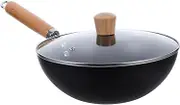 WATIIFUFU Small Iron Wok with Lid Non Stick Cooking Pan for Gas and Electric Stoves Ergonomic Wooden Handle Deep Frying Skillet for Versatile Cooking Needs