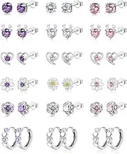 [Sanfenly] 18 Pairs Silver Stud Earrings for Women Girls 925 Sterling Silver Post Earrings Hypoallergenic Pink Purple Cubic Zirconia Stud Earring Set Cute Heart Hoop Earrings Jewelry Gifts