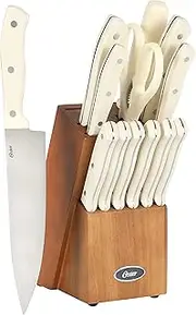 [Oster] Evansville 14 Piece Cutlery Knife Block Set, Stainless Steel w/Linen White Handles