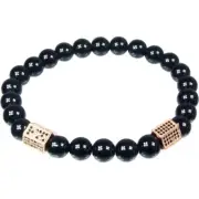 Elastic Bracelet 8m Round Beads - Black Agate w/Brass Accent Beads