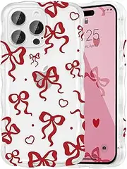 [UEEBAI] Cute Bow Case for iPhone 13 Pro, Wavy Ribbon Bow Case Pretty Aesthetic Case Cute Curly Clear Case Stylish Soft Bow Phone Case Pretty Clear Wavy Case for Women Girl - Wine Red