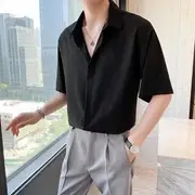 Short-Sleeve Collared Plain Concealed Button Shirt Black - M