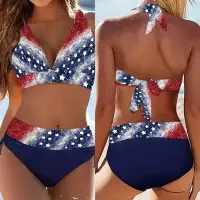 在飛比找Yahoo!奇摩拍賣優惠-2023歐美新款泳衣女國旗閃粉印花抽繩分體亞馬遜比基尼泳裝b