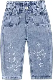 [Kidscool Space] Baby Little Girl Jeans,Paperbag Elastic Waist Cute Printed Denim Pants