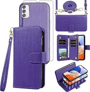 [Asuwish] Phone Case for Samsung Galaxy A14/M14 5G Zipper Wallet Magnetic Detachable Cell Cover with Tempered Glass Screen Protector Crossbody Strap Card Holder Slot A 14 4G 14A 14M G5 Women Dark Purple