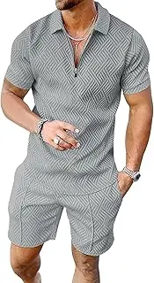 [Maiyifu-GJ] Men's Short Sleeve Polo Shirt 2 Piece Short Set 1/4 Zip Polo Shirts and Shorts Sets Summer Fashion Casual Outfits, Light Grey, Medium