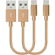 2 Pack 20cm Short Data Transfer Charger Charging Micro USB Cable Cord for Android Phone Device Tablet Bulk Braided Gold Nylon
