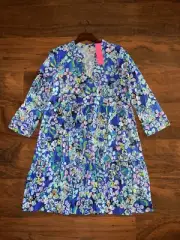 Lilly Pulitzer LARGE Blue Grotto TWILIGHT TROPICS ALAINA DRESS 3/4 Sleeves NWT