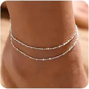 [MIDEEO] Sterling Silver Anklet Bracelets for Women,925 Sliver Plated Anklets for Women Waterproof Heart Beads CZ Layered Anklets Set Bracelets for Women Jewelry Gift