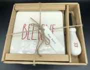 Rae Dunn Ceramic Christmas Trivet Cheese Board & Knife Set by Magenta BELIEVE