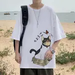 韓國BF風貓印花寬鬆OVERSIZED TEE男士圓領休閒8XL加大碼男士T恤短袖T恤XS-6XL