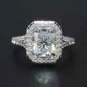 2.85Ctw Radiant Moissanite Halo Split Shank Engagement Ring 14K White Gold Over