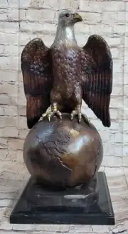 American Bald Eagle Perched on Globe Planet Earth Bronze Statue Sculpture Art