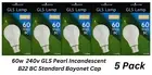5 x 60W GLS Pearl Incandescent Light Globes Bulbs B22 BC Bayonet 240 V