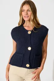 Samarah Knit Vest Top Sleeveless in Navy with Gold Buttons Wool Blend S/M