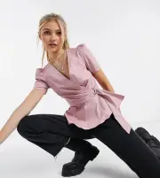 New In The Style Puff Sleeve Wrap Front Top Belt Detail Mauve Size 12 rrp £22
