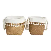 2pc Woven Straw/Cotton Lined 23/25cm Baskets Set w/ Handle Storage Natural/White