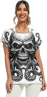 [RPLIFE] Skull Octopuses with Evil Eyes Womens Blouse, Women Blouses Casual Batwing Sleeve Blouses Women S-XXL
