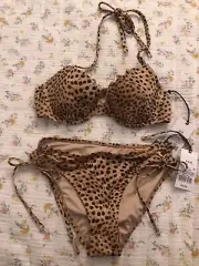 Shade & Shore 2PC Bikini leopard Print Beige Push Up Top Cheeky Bottom 32B Small